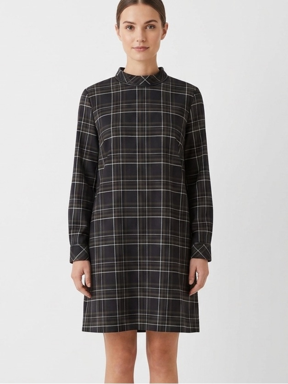 Zara Plaid Mock Neck Shift Dress in khaki black gold buttons L Goth Office